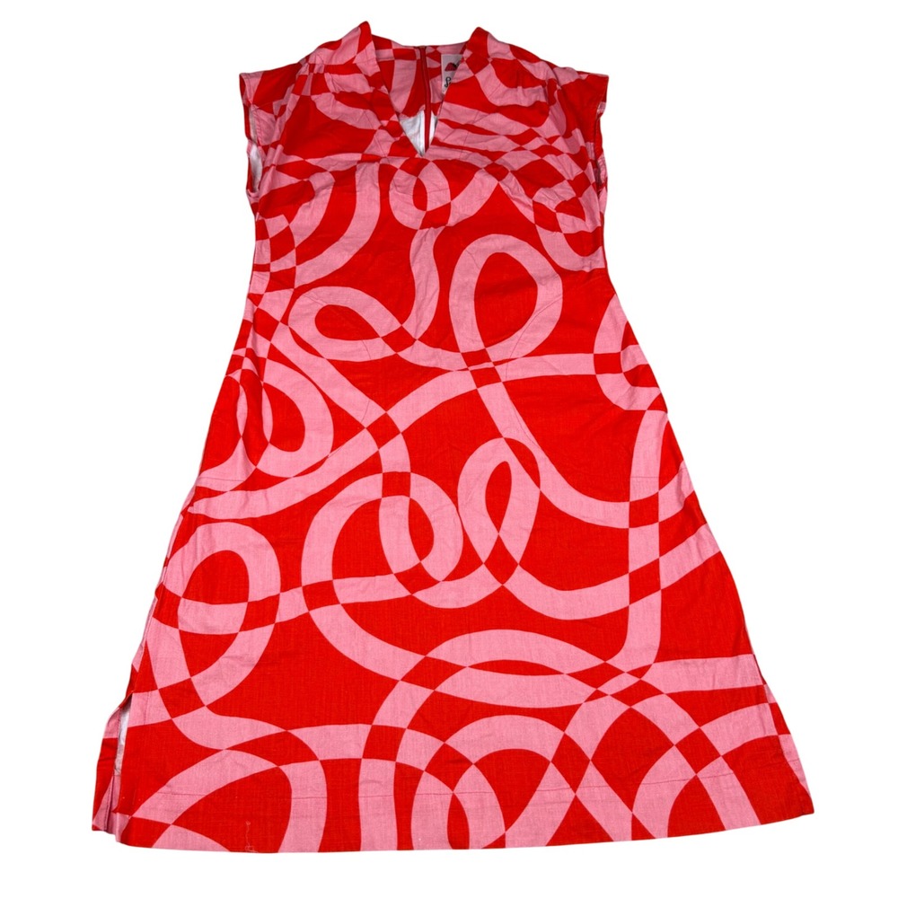Lesley Evers Red Pink Geometric Swirl Cotton Sleeveless V-Neck Shift Dress XS